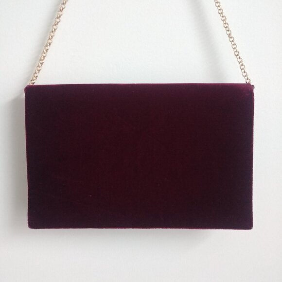 Vintage dark red velvet handmade in Hong Kong gold chain clutch bag purse - Picture 2 of 16